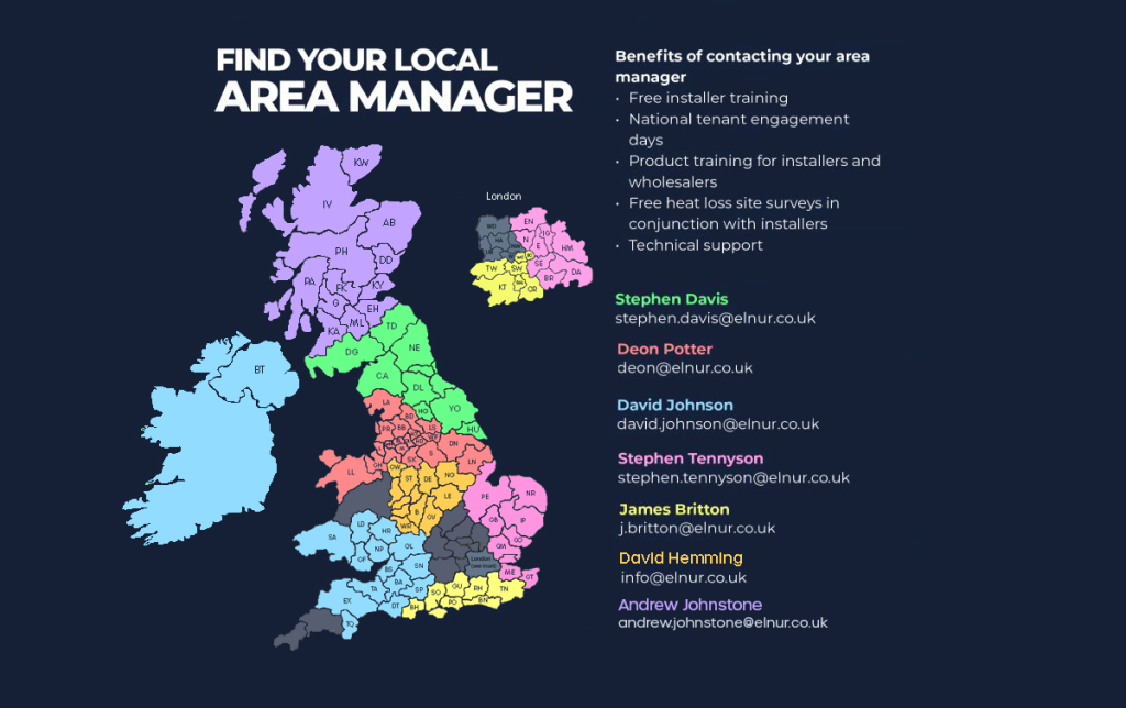 A map with a list of Elnur's area managers
