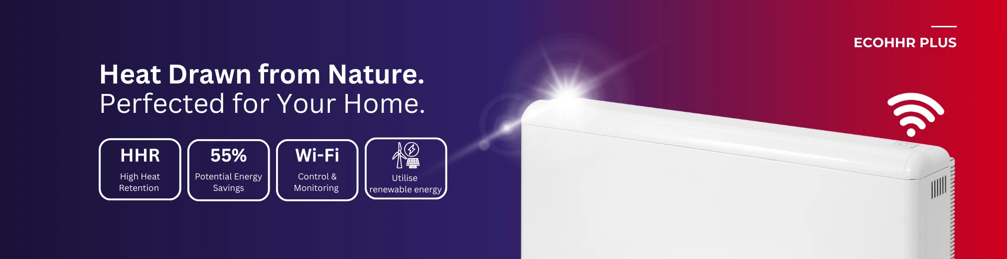 Banner promoting our ECOHHR PLUS - WiFi HHR storage heater that can utilise renewable energy