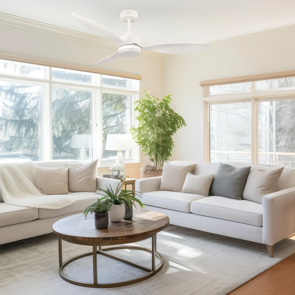 White living room, with white Ventur ceiling fan installed